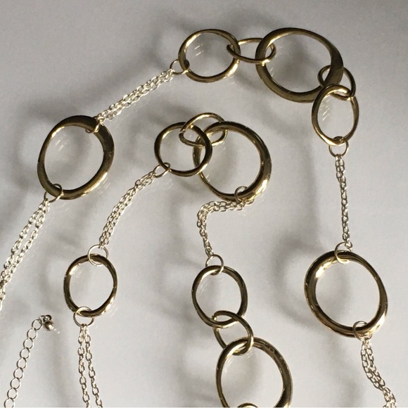 Asymmetrical Silver & Gold Tone Necklace Circles Joined Together With Chains - Picture 5 of 5